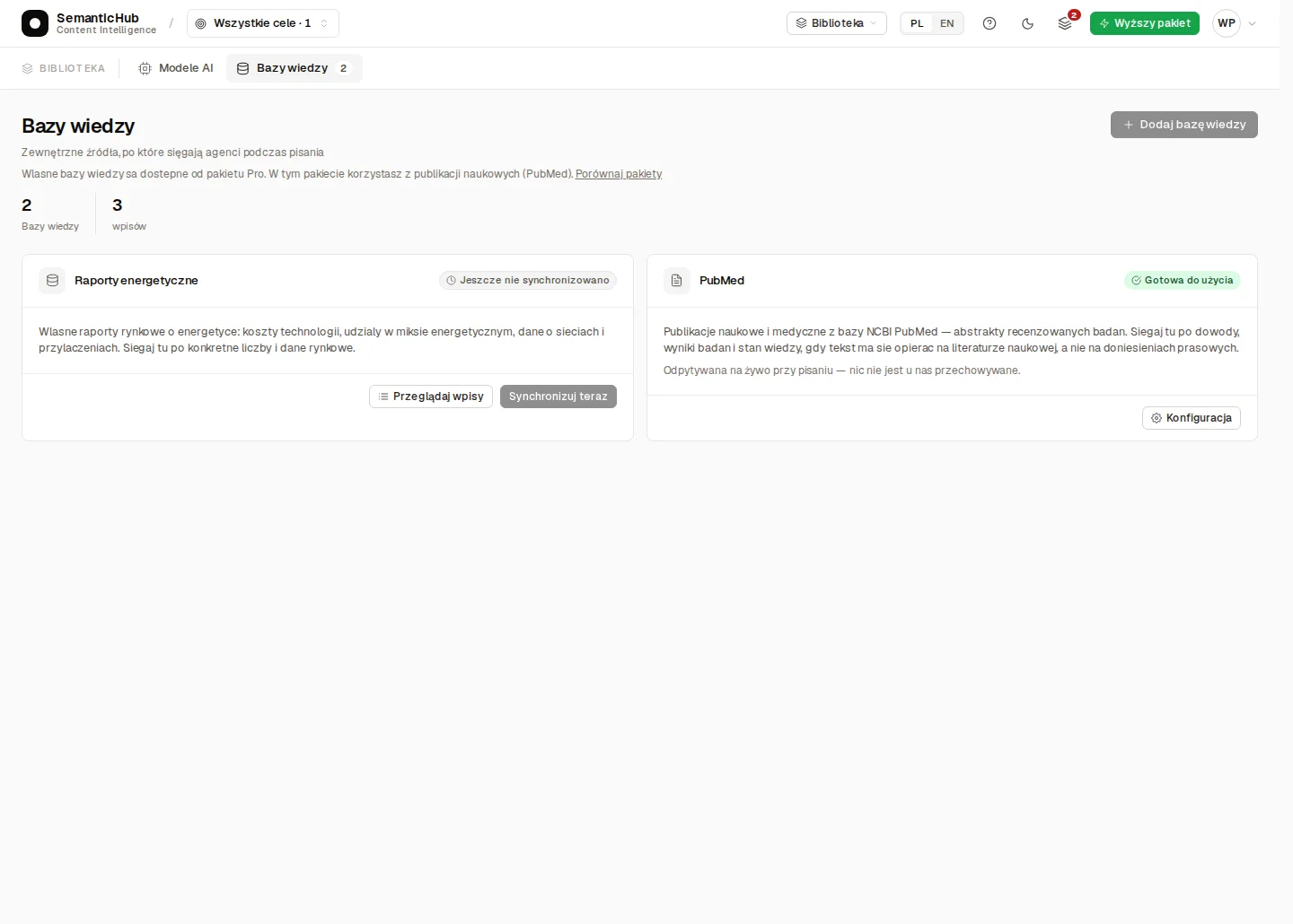 List of Knowledge bases showing an energy repository connected through a custom API, and PubMed