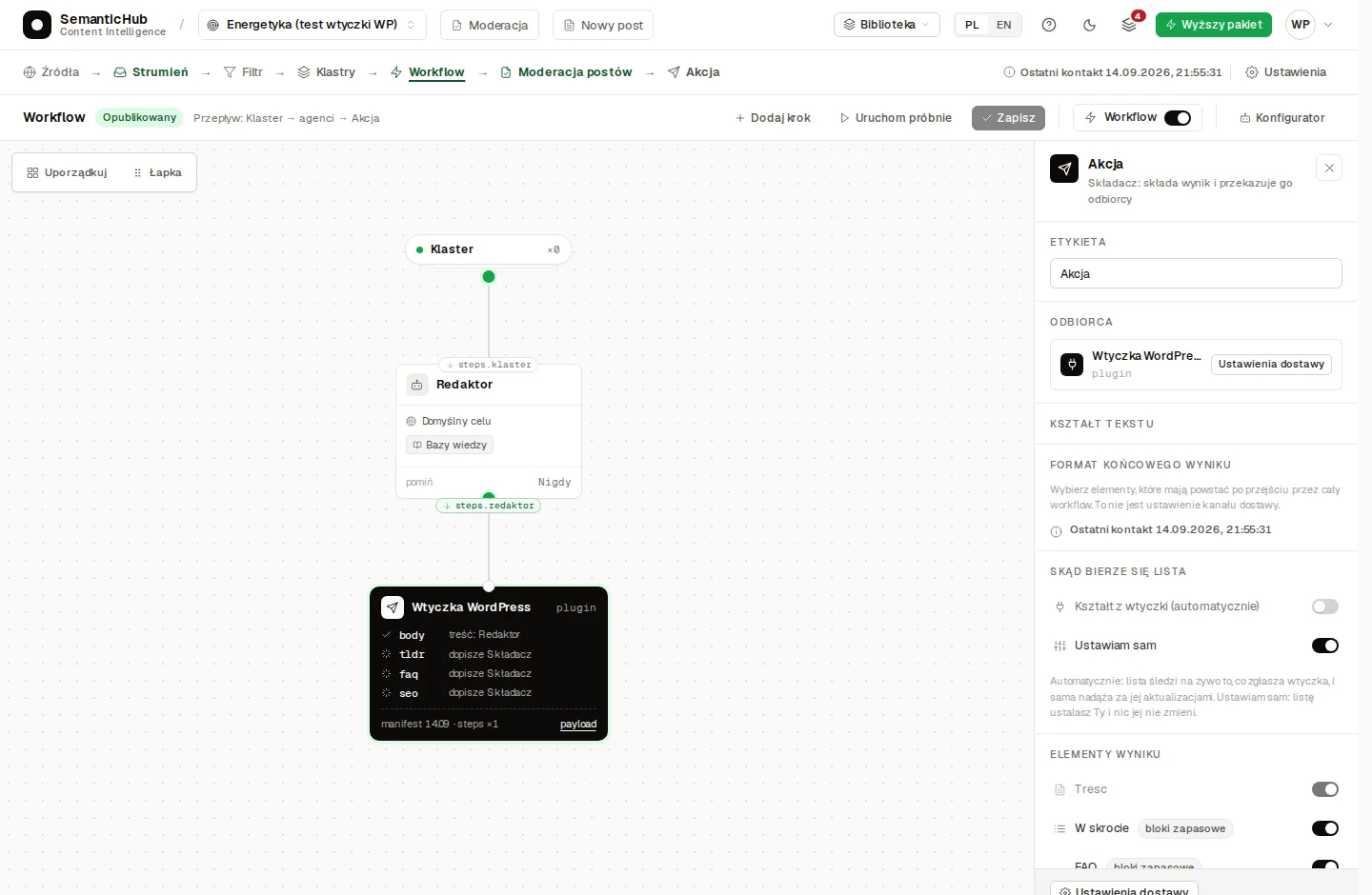 Composer panel with the recipient, format and result sections on the Workflow canvas
