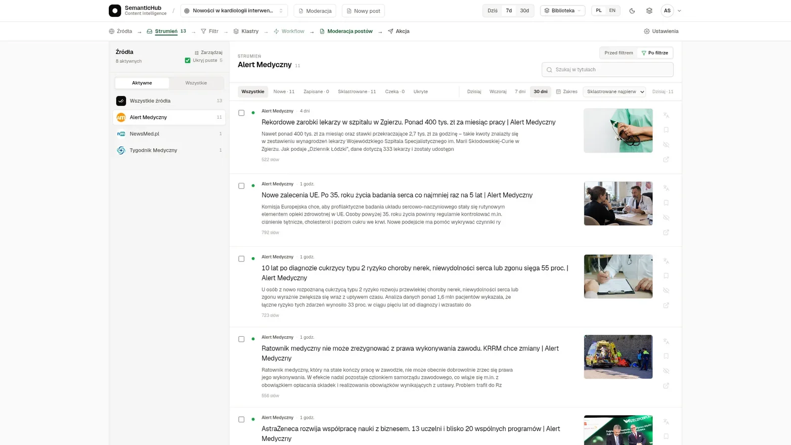 Feed of articles for the Medical Alert Goal, with a list of sources on the left and publication thumbnails