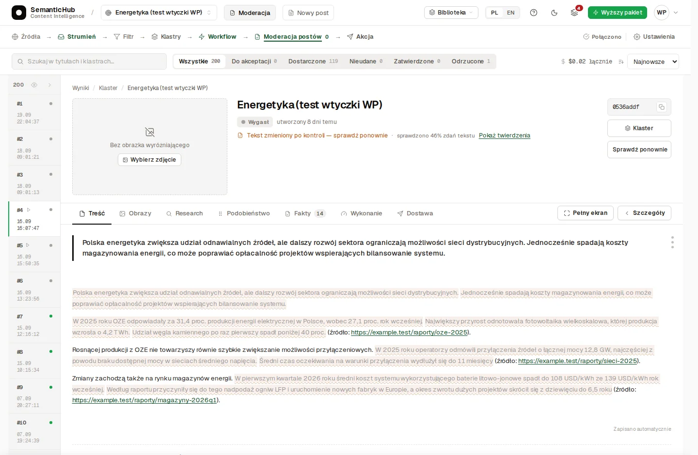 Open result in Post moderation with the text and highlighted source materials